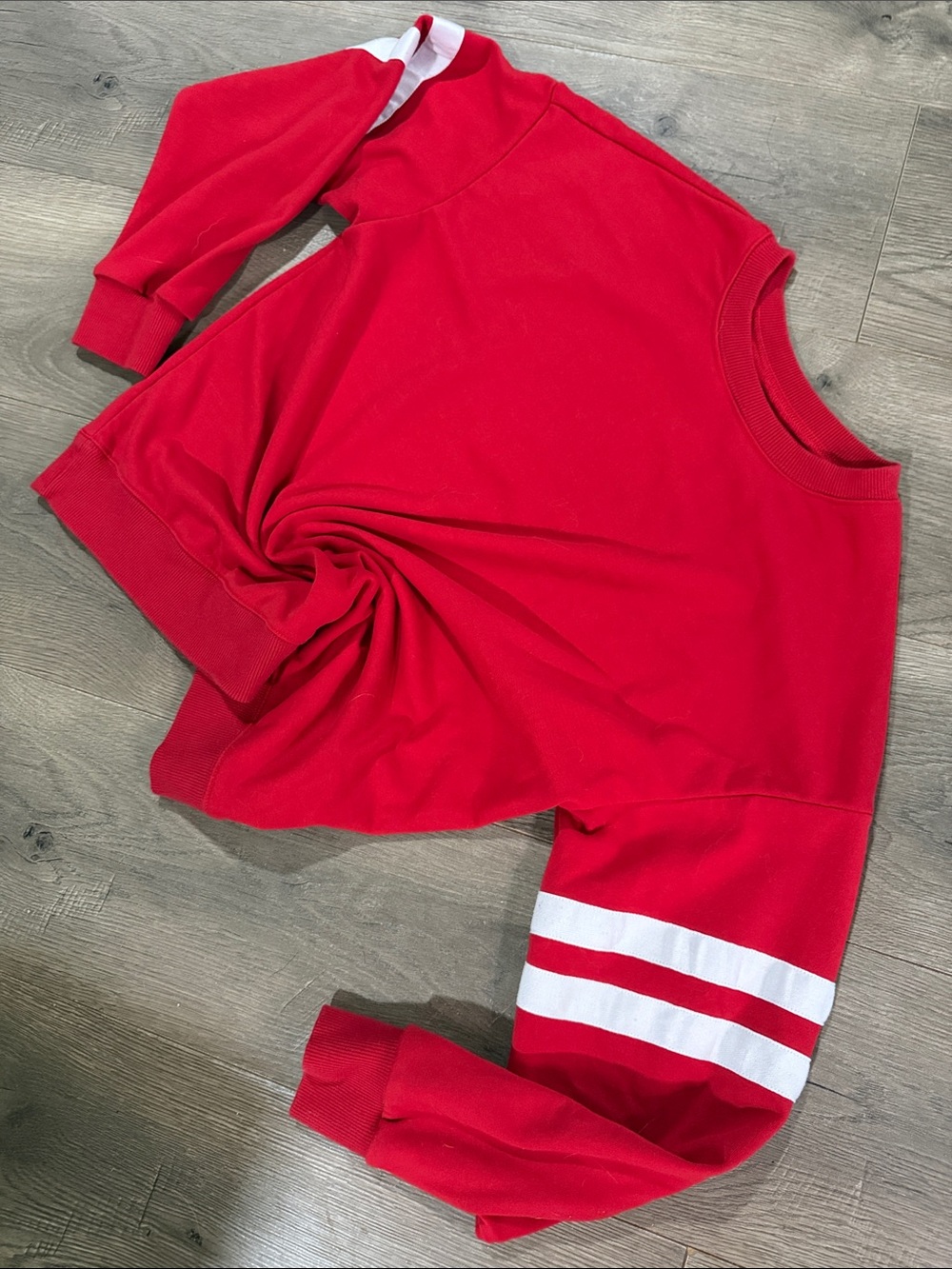 Red Pullover Sweatshirt with White Sleeve Stripes